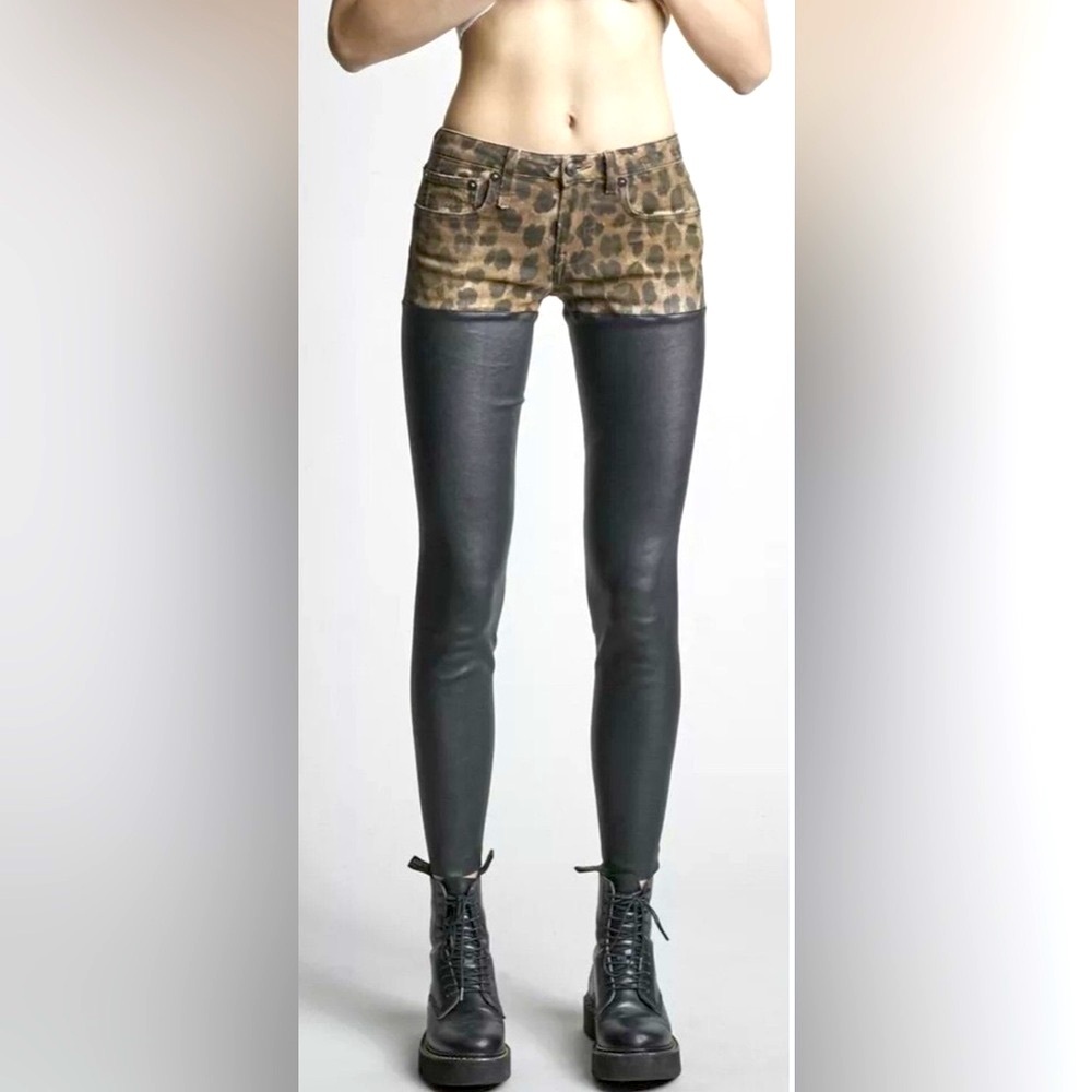 R13 Leopard and black leather chaps jeans